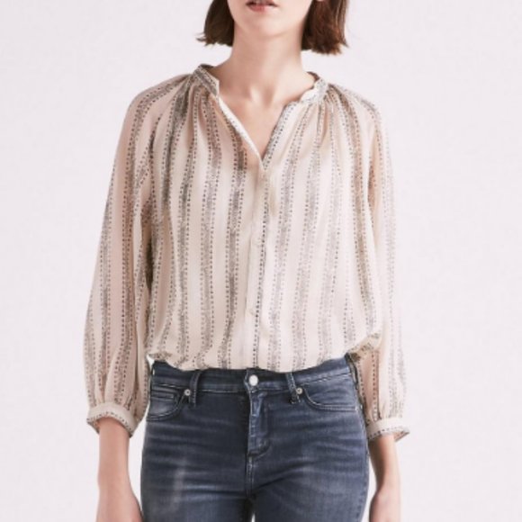 Lucky Brand Cream Gray Blouse Geo Stripe Poet Top Natural Cream Gray XS X-Small - Picture 1 of 15
